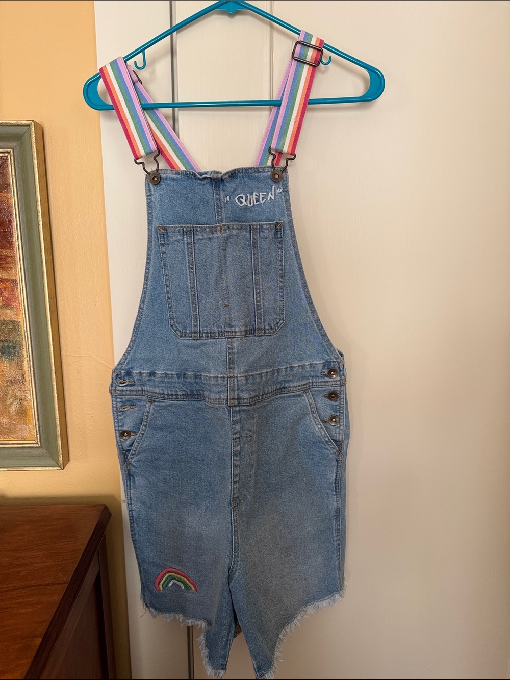 Denim Rainbow-Strap Short Overalls with 'Queen' Detail